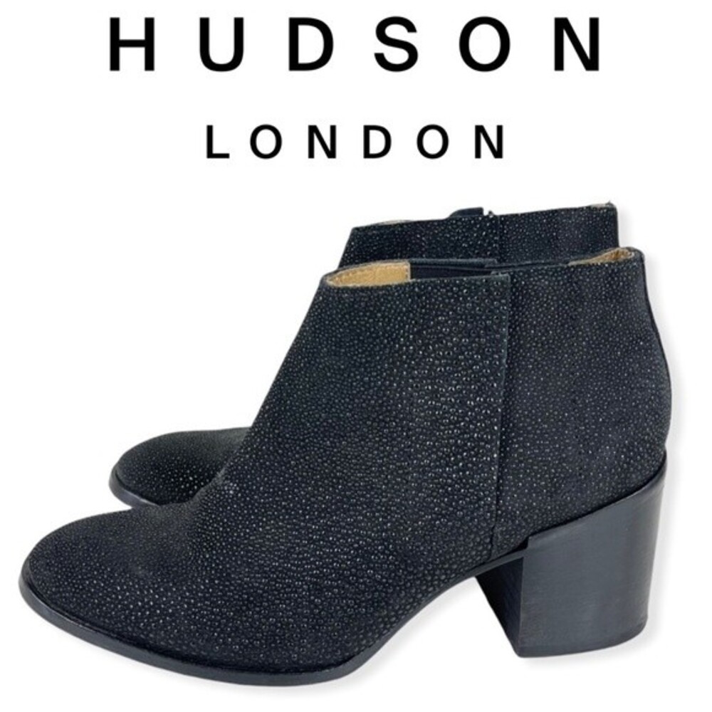 Hudson London Chelsea Stacked Chunky Heel Ankle Boots Booties 7 Black Textured